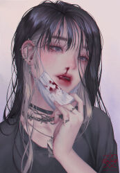 Rule 34 | 1girl, barbed wire, barbell piercing, black hair, black shirt, blood, blood stain, chain, chain necklace, colored inner hair, crying, crying with eyes open, ear piercing, earrings, empty eyes, fingernails, grey eyes, grey hair, hair behind ear, hand up, highres, industrial piercing, jewelry, licking blood, licking lips, lipstick, long fingernails, long hair, love cacao, makeup, mask, mask pull, mouth mask, multicolored hair, multiple piercings, multiple rings, necklace, nosebleed, open mouth, original, piercing, razor blade, red lips, ring, safety pin, shirt, signature, solo, t-shirt, tears, teeth, tongue, tongue out, two-tone hair, upper body, upper teeth only, white mask