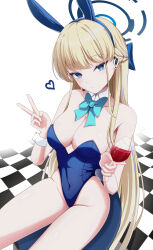 Rule 34 | 1girl, absurdres, animal ears, bare shoulders, blonde hair, blue archive, blue bow, blue eyes, blue hairband, blue leotard, bow, bowtie, braid, breasts, checkered floor, closed mouth, covered navel, cup, detached collar, drinking glass, ear piercing, earpiece, fake animal ears, hairband, halo, heart, highleg, highleg leotard, highres, holding, holding cup, leotard, long hair, medium breasts, microphone, official alternate costume, official alternate hairstyle, piercing, playboy bunny, rabbit ears, sitting, thighs, toki (blue archive), toki (bunny) (blue archive), uaru, v, very long hair, wine glass, wrist cuffs