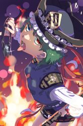 Rule 34 | 1girl, black skirt, blue eyes, blue hat, blue vest, bow, breasts, commentary, cowboy shot, epaulettes, fire, frilled hat, frills, glint, green hair, hand on own hip, hat, heterochromia, highres, holding, holding tongs, lens flare, long sleeves, looking at viewer, open mouth, purple background, red bow, red eyes, ribbon-trimmed skirt, ribbon-trimmed vest, ribbon trim, rod of remorse, shiki eiki, shirt, short hair, skirt, sleeve bow, small breasts, sobayu to tenpura, solo, tongs, tongue, tongue out, touhou, vest, white shirt