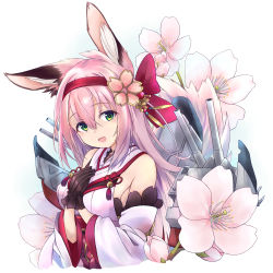 Rule 34 | 1girl, animal ears, azur lane, bare shoulders, black gloves, breasts, cherry blossoms, commentary request, flower, fox ears, fox girl, gloves, green eyes, hair between eyes, hair flower, hair ornament, hairband, hanazuki (azur lane), highres, japanese clothes, kimono, long hair, looking at viewer, minosu, open mouth, pink hair, rigging, sidelocks, simple background, smile, solo, upper body, white background