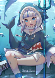 Rule 34 | 1girl, :d, absurdres, animal hood, blue eyes, blue hair, blue hoodie, blue nails, bubble, character name, crossed legs, fins, fish tail, gawr gura, gawr gura (1st costume), haowei wu, highres, hololive, hololive english, hood, hoodie, long sleeves, looking at viewer, multicolored hair, nail polish, open mouth, polearm, shark hood, shark tail, sharp teeth, shoes, sitting, smile, sneakers, solo, streaked hair, tail, teeth, trident, underwater, virtual youtuber, weapon, white footwear, white hair