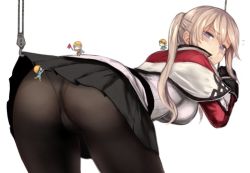 Rule 34 | 4girls, ass, bent over, black gloves, black skirt, blonde hair, blush, breasts, capelet, celtic knot, clothes lift, cowboy shot, crane (machine), cross, embarrassed, fairy (kancolle), from behind, gloves, graf zeppelin (kancolle), grey eyes, hair between eyes, kantai collection, large breasts, long hair, long sleeves, looking back, machinery, military, military uniform, mini person, minigirl, miniskirt, multiple girls, open mouth, panties, panties under pantyhose, pantyhose, pleated skirt, sidelocks, skirt, skirt lift, tsurime, twintails, underwear, uniform, utopia, white background