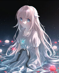 Rule 34 | 1girl, backlighting, blue eyes, commentary request, dress, ender lilies quietus of the knights, hair ribbon, highres, jewelry, light, light particles, lily (ender lilies), long hair, looking at viewer, necklace, partially submerged, peco (ppeco0), ribbon, sitting, solo, very long hair, water, water lily flower, white dress, white hair, white ribbon