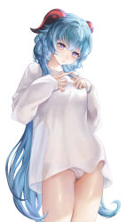 Rule 34 | 1girl, absurdres, blue hair, fingers together, ganyu (genshin impact), genshin impact, goat horns, hair between eyes, head tilt, highres, horns, long hair, looking at viewer, no pants, panties, purple eyes, rable, see-through, shirt, simple background, solo, standing, thighs, underwear, white background, white panties, white shirt