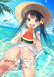 Rule 34 | 1girl, :d, barefoot, beach, black hair, blue eyes, blue shorts, blue sky, cloud, commentary request, day, eating, feet, fish, flower, food, foot out of frame, foreshortening, fruit, hair flower, hair ornament, hat, highres, holding, holding food, holding fruit, horizon, kitazume kumie, looking at viewer, midriff, navel, ocean, open mouth, original, outdoors, palm tree, partially submerged, shirt, shorts, sitting, sky, sleeveless, sleeveless shirt, smile, soles, solo, splashing, straw hat, summer, toes, tree, water, water drop, watermelon, watermelon slice, white shirt