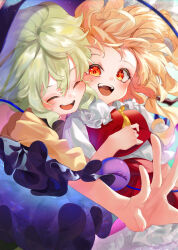 Rule 34 | 2girls, ^ ^, absurdres, ascot, blonde hair, blush, calpis118, closed eyes, crystal, fang, flandre scarlet, frilled sailor collar, frills, glowing clothes, green hair, highres, komeiji koishi, looking at another, multiple girls, outstretched arm, puffy short sleeves, puffy sleeves, red skirt, red vest, sailor collar, shirt, short sleeves, skirt, smile, teeth, third eye, touhou, upper teeth only, vest, white shirt, yellow ascot, yellow shirt