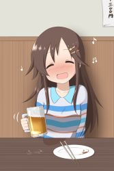 Rule 34 | 1girl, :d, ^ ^, alcohol, beer, beer mug, blush, brown hair, chopsticks, closed eyes, collarbone, commentary request, cup, drunk, fang, hair ornament, hairclip, highres, himekawa yuki, holding, idolmaster, idolmaster cinderella girls, ikonaska, long hair, motion lines, mug, musical note, nose blush, open mouth, plate, shirt, sitting, smile, solo, striped clothes, striped shirt, wainscoting