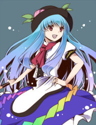Rule 34 | 1girl, blue hair, dress, eyelashes, facing away, food, fruit, grey background, hand on own hip, hat, hayabusa koi, hinanawi tenshi, layered dress, leaf, long hair, open mouth, peach, red eyes, ribbon, short sleeves, simple background, solo, sword, touhou, very long hair, weapon