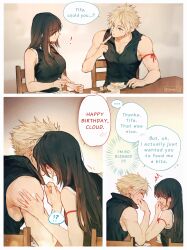 Rule 34 | !?, ...!, 1boy, 1girl, arm ribbon, bare shoulders, birthday cake, black hair, black vest, blonde hair, blue eyes, blush, breasts, cake, cloud strife, collarbone, commentary, couple, crop top, ear blush, earrings, english commentary, english text, final fantasy, final fantasy vii, final fantasy vii advent children, flying sweatdrops, food, fork, hair between eyes, hand on another&#039;s arm, happy birthday, highres, holding, holding fork, indoors, jewelry, kiss, large breasts, long hair, looking at another, maiii (smaii i), open mouth, pointing, pointing at self, red eyes, red ribbon, ribbon, ring, shirt, short hair, single earring, single sidelock, sitting, sleeveless, sleeveless shirt, speech bubble, spiked hair, surprised, swept bangs, table, tank top, teardrop earring, tifa lockhart, twitter username, upper body, vest, white tank top, wooden chair, wooden table
