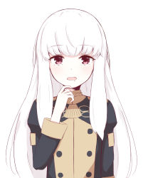 Rule 34 | 1girl, chirun0, drooling, fire emblem, fire emblem: three houses, highres, long hair, long sleeves, lysithea von ordelia, nintendo, open mouth, pink eyes, simple background, solo, upper body, white background, white hair
