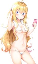 Rule 34 | 1girl, ahoge, blonde hair, blue eyes, blush, breasts, cellphone, commentary request, convenient censoring, cowboy shot, gabriel dropout, gabriel tenma white, hand in own hair, hand up, highres, holding, holding phone, legs apart, medium breasts, navel, panties, phone, shiero., simple background, smartphone, solo, standing, steam, stomach, topless, towel, towel around neck, towel over breasts, underwear, underwear only, white background, white panties, white towel