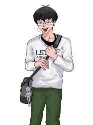 Rule 34 | 1boy, antenna hair, bag, bag charm, black eyes, black hair, black shirt, bowl cut, charm (object), english text, feet out of frame, glasses, green pants, half-closed eyes, highres, holding strap, inkya lovecome, layered shirt, long sleeves, looking ahead, male focus, mole, mole under mouth, oohashi taiga, open mouth, otaku, pants, print shirt, shirt, shoulder bag, simple background, smile, solo, spitting, standing, takushi (taxi739), text print, white background, white shirt