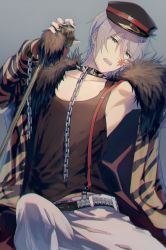 Rule 34 | 10s, 1boy, alternate costume, animal print, bad id, bad pixiv id, belt, black nails, blue eyes, chain, collar, grey background, idolmaster, idolmaster side-m, male focus, map (map imas), microphone, nail polish, off shoulder, open mouth, pants, sakaki natsuki, silver hair, simple background, sitting, solo, spiked collar, spikes, tank top, white pants