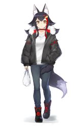 Rule 34 | 1girl, absurdres, animal ear fluff, animal ears, bag, black hair, boots, denim, expressionless, full body, grocery bag, hand in pocket, highres, hololive, hood, hood down, hooded jacket, jacket, long hair, long sleeves, ookami mio, red hair, shopping bag, simple background, solo, sweater, tail, tail wrap, virtual youtuber, white background, wolf ears, wolf tail, yamabuki7979
