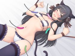 Rule 34 | 1girl, alfort (may0508), bikini, black hair, blunt bangs, bound, bound wrists, breasts, covered erect nipples, frilled bikini, frilled thighhighs, frills, groin, hair ornament, hairclip, highres, idolmaster, idolmaster shiny colors, long hair, looking at viewer, mayuzumi fuyuko, medium breasts, navel, one eye closed, open mouth, purple thighhighs, restrained, smile, solo, strapless, strapless bikini, sweat, swimsuit, tears, thighhighs, tickle torture, tickling, tickling armpits, tickling breasts, tickling legs, tickling stomach, two side up, wavy mouth, white bikini