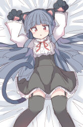 Rule 34 | 1girl, :&lt;, absurdres, animal ears, animal hands, arms up, bed sheet, black gloves, black hair, black hairband, black skirt, black thighhighs, blush, cat ears, cat tail, commentary request, fake animal ears, feet out of frame, frilled skirt, frills, garter straps, gloves, hairband, highres, idolmaster, idolmaster cinderella girls, idolmaster cinderella girls starlight stage, juliet sleeves, long hair, long sleeves, looking at viewer, lying, neck ribbon, on back, parted lips, paw gloves, puffy sleeves, red eyes, red ribbon, ribbon, sajo yukimi, shirt, sketch, skirt, solo, tail, thighhighs, triangle mouth, umberblack, very long hair, white shirt