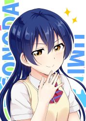 Rule 34 | 1girl, blue hair, blush, bow, bowtie, character name, close-up, closed mouth, commentary request, dress shirt, female focus, hair between eyes, hand on own face, long hair, looking at viewer, love live!, love live! school idol project, otonokizaka school uniform, red bow, red bowtie, school uniform, shirt, short sleeves, smile, solo, sonoda umi, striped bow, striped bowtie, striped clothes, striped neckwear, tata (tataice), vest, white shirt, yellow eyes