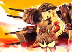 Rule 34 | 10s, 1girl, bare shoulders, bismarck (kancolle), breasts, female focus, hand on own hip, hat, kantai collection, large breasts, long hair, military, military uniform, peaked cap, sakaki (noi-gren), solo, turret, uniform