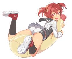 Rule 34 | 1girl, ass, blush, commentary request, from behind, full body, hair between eyes, hair ornament, hair scrunchie, highres, isshiki akane, kneehighs, looking at viewer, looking back, mayonnaise, michairu, hugging object, open mouth, oversized object, red eyes, red hair, scrunchie, shoes, short hair, short shorts, shorts, simple background, smile, socks, solo, teeth, thighs, twintails, vividred operation, white background