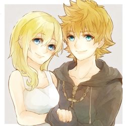 Rule 34 | 1boy, 1girl, black coat (kingdom hearts), blonde hair, blue eyes, breasts, closed mouth, collarbone, dress, kingdom hearts, kingdom hearts ii, long hair, looking at viewer, namine, simple background, smile, white dress