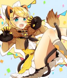 Rule 34 | 1girl, amulet, animal ears, asagao minoru, belt collar, between legs, black bow, blonde hair, blue eyes, blush, bow, bowtie, brown jacket, claw pose, collar, confetti, feet out of frame, flag, frilled skirt, frills, fur-trimmed jackt, fur trim, gloves, hair bow, hair ornament, hairclip, highres, jacket, kagamine rin, knees up, looking at viewer, magical mirai (vocaloid), magical mirai rin, open mouth, short hair, sitting, skirt, socks, solo, tail, tail between legs, thighs, vocaloid, white bow