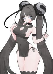 Rule 34 | 1girl, absurdres, bare shoulders, black choker, black hair, blue eyes, blush, breasts, choker, cleavage, cleavage cutout, closed mouth, clothing cutout, double bun, eyes visible through hair, hair bun, highres, large breasts, long hair, looking at viewer, mole, mole on breast, original, rabbit (wlsdnjs950), sideboob, simple background, solo, standing, twintails, very long hair, white background