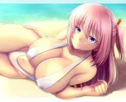 Rule 34 | 1girl, arm support, asymmetrical bangs, beach, breasts, collarbone, hand on own hip, junrei (nyorori), large breasts, long hair, looking at viewer, lying, navel, nyorori (tatsutaage), on side, one-piece swimsuit, outdoors, pink hair, ponytail, purple eyes, short ponytail, side ponytail, slingshot swimsuit, solo, swimsuit, tatutaageyokose, white one-piece swimsuit