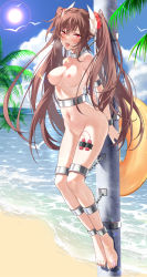 Rule 34 | 1girl, absurdres, arms behind back, azur lane, barefoot, beach, bird, blue sky, blush, breasts, brown hair, chain, chained, cloud, cloudy sky, commentary, completely nude, cuffs, day, devil heavens, drooling, full body, furrowed brow, hair between eyes, half-closed eyes, haruna (azur lane), highres, horns, innertube, legs together, long hair, looking at viewer, medium breasts, navel, nipples, nude, ocean, open mouth, outdoors, palm tree, pussy, red eyes, restrained, saliva, scrunchie, sex toy, shackles, sky, solo, sun, sweat, swim ring, tape, tongue, tongue out, tree, twintails, vibrator