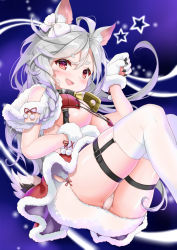 Rule 34 | 1girl, absurdres, ahoge, animal ears, animal hands, azur lane, bell, black collar, blue background, bow, breasts, classic (zildjian33), collar, commentary request, fang, gloves, highres, long hair, looking at viewer, medium breasts, neck bell, panties, pantyshot, red eyes, silver hair, skin fang, smile, solo, underboob, underwear, white background, white bow, white gloves, white legwear, white panties, yuudachi (azur lane), yuudachi (woofy floofy christmas night) (azur lane)