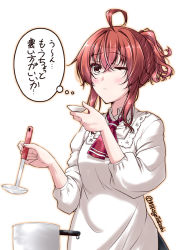Rule 34 | 10s, 1girl, ahoge, alternate hairstyle, apron, arashi (kancolle), cooking, kantai collection, kappougi, ladle, messy hair, mikage takashi, neckerchief, ponytail, pot, red hair, red neckerchief, saucer, simple background, solo, text focus, thought bubble, twitter username, white background, yellow eyes