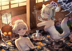 Rule 34 | 2girls, absurdres, alcohol, animal ears, architecture, back, bare arms, bare shoulders, blonde hair, blue archive, blue halo, blunt bangs, breasts, bucket, closed mouth, collarbone, cup, double-parted bangs, east asian architecture, food, from behind, fruit, hair between eyes, hair bun, halo, hand on own chest, highres, holding, holding cup, lantern, large breasts, looking at viewer, low ponytail, mandarin orange, multiple girls, naked towel, nodoka (blue archive), nodoka (hot spring) (blue archive), onsen, open mouth, pink halo, purple eyes, red eyes, sake, shan (ti0n), shigure (blue archive), shigure (hot spring) (blue archive), shouji, single hair bun, sliding doors, tail, tokkuri, towel, towel on head, weasel ears, weasel girl, weasel tail, wooden bucket, wooden floor
