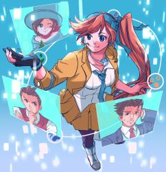 Rule 34 | 2boys, 2girls, ace attorney, antenna hair, apollo justice, athena cykes, bare shoulders, blue bow, blue headwear, blue necktie, blue suit, bow, crescent, crescent earrings, earrings, formal, gloves, hair bow, hat, highres, jacket, jewelry, long hair, multiple boys, multiple girls, necklace, necktie, one eye closed, open clothes, open jacket, orange hair, pantyhose, partially fingerless gloves, phoenix wright, phoenix wright: ace attorney - dual destinies, ragi (od6fine), red necktie, screen, shirt, short hair, side ponytail, single earring, single glove, skirt, smile, spiked hair, suit, sweatdrop, trucy wright, white shirt, yellow jacket, yellow skirt