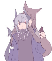 Rule 34 | 2girls, arknights, black gloves, black scarf, black shirt, blue jacket, brown hair, cheek pinching, closed eyes, dragon girl, dragon horns, dragon tail, extra ears, flat color, franka (arknights), gloves, grey hair, grey shirt, haruichi (sazanami complex), horns, jacket, liskarm (arknights), long hair, long sleeves, looking at viewer, multiple girls, open clothes, open jacket, pinching, red eyes, scarf, shirt, sidelocks, simple background, smile, tail, tail grab, upper body, white background