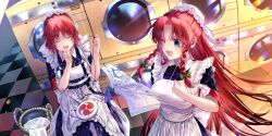 2girls alternate_costume apron blue_eyes book bow braid chain closed_eyes clothes_dryer earphones enmaided game_cg green_bow hair_bow highres holding holding_book holding_earphones hong_meiling hong_meiling_(chinese_maid_for_the_day) horikawa_raiko long_hair maid maid_apron multiple_girls official_art one_eye_closed open_book open_mouth reading senju_yosiyuki short_sleeves smile third-party_source touhou touhou_lostword twin_braids very_long_hair white_apron