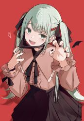 Rule 34 | 1girl, bandaid, crypton future media, ear piercing, earrings, fangs, hair ornament, hatsune miku, heart, highres, jewelry, jirai kei, long hair, long sleeves, looking at viewer, mask, mask pull, mouth mask, okome (okome 0627ha), open mouth, piapro, piercing, red background, ribbon, ring, shirt, simple background, smile, solo, twintails, vampire (vocaloid), vocaloid