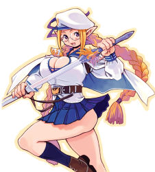 Rule 34 | 1girl, blonde hair, braid, breasts, cleavage, earrings, elf, female focus, glasses, hat, highres, holding, holding sword, holding weapon, huge breasts, jewelry, large breasts, long sleeves, miniskirt, open mouth, original, outline, pleated skirt, pointy ears, ryoji (nomura ryouji), sheath, simple background, skirt, solo, sword, twintails, unsheathing, weapon, white background