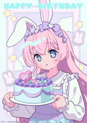 Rule 34 | 1girl, :o, animal ears, blue eyes, blush, bow, cake, collared shirt, commentary request, dated, dress, food, frilled shirt collar, frills, hair between eyes, hair bow, happy birthday, highres, holding, holding plate, indie utaite, long hair, long sleeves, neki (wakiko), parted lips, pink hair, plate, puffy long sleeves, puffy sleeves, purple bow, purple dress, rabbit ears, shirt, sleeveless, sleeveless dress, sleeves past wrists, solo, star (symbol), twitter username, ugu (utaite), upper body, very long hair, white shirt