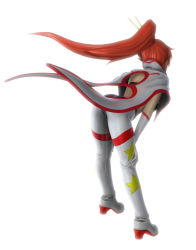 Rule 34 | 00s, 1girl, 3d, back, boots, cape, floating hair, full body, gloves, hair ornament, hair stick, hands on own thighs, high collar, high heel boots, high heels, kanzeon, leaning forward, legs apart, long hair, non-web source, pants, ponytail, red hair, simple background, solo, space yoko, standing, star (symbol), star print, tengen toppa gurren lagann, white background, white footwear, white pants, yoko littner
