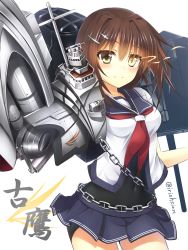 Rule 34 | 10s, 1girl, absurdres, brown hair, character name, cowboy shot, furutaka (kancolle), glowing, glowing eyes, hair ornament, hairclip, highres, kantai collection, looking at viewer, machinery, mechanical arms, murasame shia, remodel (kantai collection), short hair, single mechanical arm, smile, tail ein, twitter username, yellow eyes