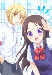 Rule 34 | 1boy, 1girl, black hair, blonde hair, bow, charlotte (anime), commentary request, dress, grid background, hair ornament, hairclip, hand in pocket, kousetsu, long hair, looking at viewer, open mouth, otosaka ayumi, pinafore dress, purple eyes, red bow, salute, school uniform, shichino (charlotte), shirt, sleeveless dress, smile, upper body, white shirt, yellow eyes