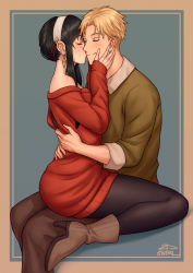 Rule 34 | 1boy, 1girl, 2dswirl, back cutout, black hair, blonde hair, boots, clothing cutout, dress, closed eyes, from side, green sweater, hands on another&#039;s face, headband, hetero, highres, leggings, off-shoulder sweater, off shoulder, pantyhose, signature, sitting, sitting on person, spy x family, sweater, sweater dress, torso grab, twilight (spy x family), white headband, white headwear, yor briar