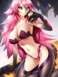 Rule 34 | 1girl, arc system works, bare shoulders, black sclera, blazblue, blazblue: central fiction, bra, breasts, colored sclera, colored skin, eyes visible through hair, fire, gigamessy, hair between eyes, konoe a. mercury, large breasts, long hair, looking at viewer, multicolored skin, pink hair, revealing clothes, shiny skin, smile, solo, stuffed toy, thighhighs, thong, underwear, very long hair, yellow eyes