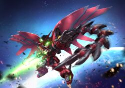 Rule 34 | absurdres, beam saber, chibi, commentary, debris, dragon wings, earth (planet), energy sword, english commentary, glowing, glowing eyes, green eyes, gundam, gundam epyon, gundam wing, highres, holding, holding sword, holding weapon, looking at viewer, mecha, mobile suit, no humans, planet, robot, sd gundam, solo, space, star (sky), sword, v-fin, weapon, whip, wings, zakuma