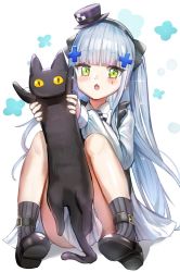 Rule 34 | 1girl, :o, aged down, animal, ankle strap, blunt bangs, blush, bow, bowtie, cat, collared dress, dress, facial mark, food, full body, girls&#039; frontline, green eyes, hair ornament, hairband, hat, himonoata, hk416 (black kitty&#039;s gift) (girls&#039; frontline), hk416 (girls&#039; frontline), holding, holding animal, holding cat, long hair, looking at viewer, mini hat, official alternate costume, purple socks, silver hair, sitting, socks, solo, teardrop, very long hair, white dress