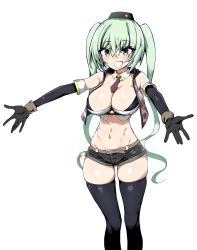 Rule 34 | 1girl, absurdres, breasts, fang, girls&#039; frontline, groin, highres, kinbakuman, large breasts, light green hair, long hair, micro uzi (girls&#039; frontline), navel, open mouth, outstretched arms, smile, solo, twintails, very long hair