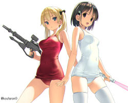 Rule 34 | 2girls, :d, bare arms, bare shoulders, black bow, black hair, blonde hair, blue eyes, bow, breasts, closed mouth, commentary request, covered navel, grey eyes, gun, hair bow, hair ornament, hairclip, holding, holding gun, holding weapon, koutaro, looking at viewer, medium breasts, multiple girls, old school swimsuit, one-piece swimsuit, open mouth, original, red one-piece swimsuit, school swimsuit, simple background, smile, swimsuit, thighhighs, twintails, weapon, weapon request, white background, white legwear, white one-piece swimsuit