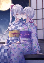 Rule 34 | 2girls, alternate costume, blush, bow, closed eyes, dated, floral print, full moon, fuyutsuki (kancolle), grey hair, hair between eyes, hair bow, hair ornament, hand on another&#039;s shoulder, highres, imminent kiss, japanese clothes, kabocha torute, kantai collection, kimono, long hair, long sleeves, moon, multiple girls, night, night sky, obi, outdoors, parted lips, ponytail, sash, sidelocks, sitting, sky, suzutsuki (kancolle), twitter username, very long hair, wide sleeves, yuri