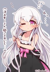 Rule 34 | 1girl, absurdres, back bow, bare arms, bare shoulders, black bow, black dress, blush, bow, closed mouth, collarbone, commentary request, dress, fate/extra, fate (series), frilled dress, frills, grey background, grey hair, highres, long hair, looking at viewer, motion lines, nursery rhyme (fate), one eye closed, pink bow, pink eyes, sleepy, sleeveless, sleeveless dress, solo, striped bow, tears, translation request, twitter username, very long hair, yuya090602