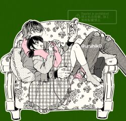 Rule 34 | 1boy, 1girl, black eyes, black hair, book, couch, glasses, green background, grey hair, greyscale, holding, holding book, knitting, luka couffaine, marinette dupain-cheng, miraculous ladybug, monochrome, on couch, open mouth, pillow, reading, shawl, short hair, short twintails, simple background, smile, socks, twintails, uruhiko