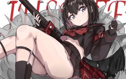 Rule 34 | 1girl, anti-materiel rifle, anzio ironworks 20mm rifle, armband, ass, black gloves, black hair, black serafuku, black skirt, black wings, blue archive, blush, bow, bowtie, choker, closed mouth, denyel, expressionless, feet out of frame, fingerless gloves, gloves, gun, highres, holding, holding gun, holding weapon, looking to the side, low wings, mashiro (blue archive), miniskirt, pleated skirt, purple eyes, red bow, red bowtie, rifle, school uniform, serafuku, short hair, skirt, sniper rifle, solo, weapon, white background, wings